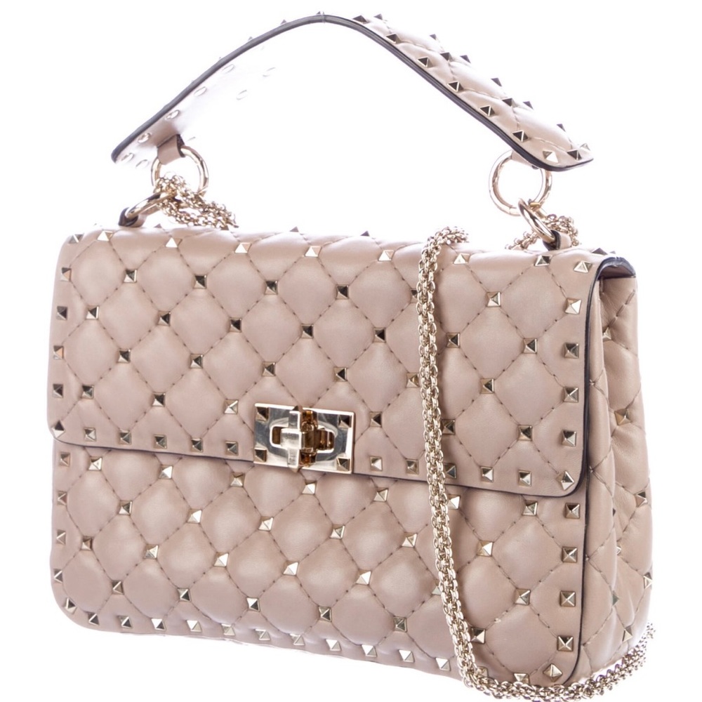 Valentino Rockstud Spike Quilted Leather Shoulder Bag in Beige